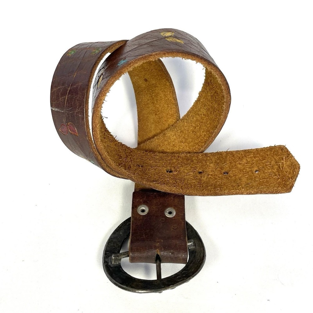 Vintage Brown Leather Belt 32 Western Boho Painted Floral Round Studded Buckle - Picture 8 of 9